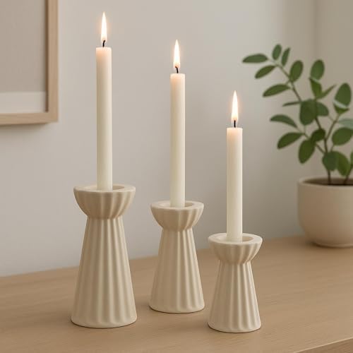 Honeydak Set of 3 Ceramic Taper Candle Holder Cream White, Matte Fluted - Image 2