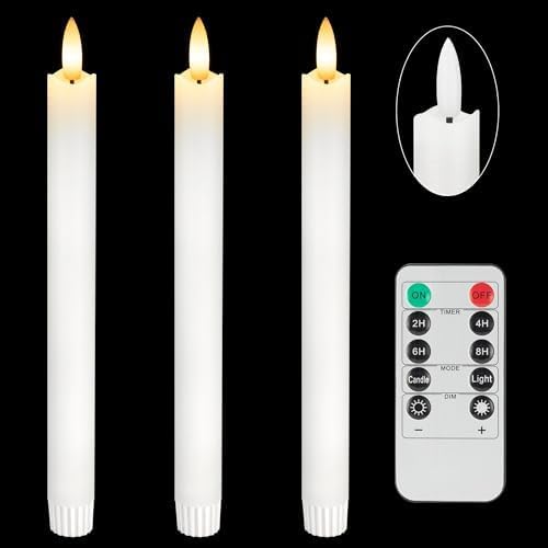 Flameless Taper Candles with Remote, Real Wax Battery Operated LED Candles Set with 3D Flickering Flame, 9.6" Realistic Dripless Candlesticks for Wedding Home Decor, 3 Pack White by SEHNSY