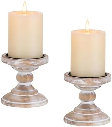 Wood Pillar Candle Holder: Rustic Distressed White Candle Stand by CreatedforWeddingsandHome