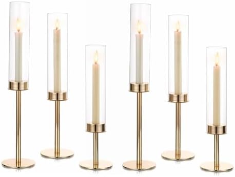 Hewory Gold Candlestick Holders: 6PCS Cylinder Glass Hurricane for Tapers by Hewory