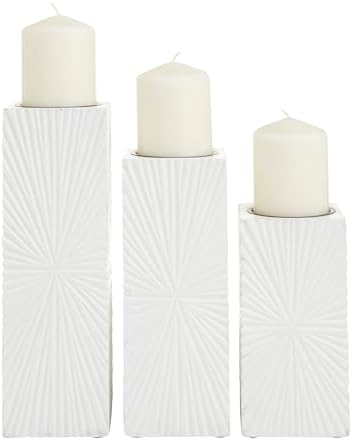 CosmoLiving by Cosmopolitan Wood Geometric Carved Pillar Candle Holder, Set of 3 12", 10", 8"H, White by CosmoLiving