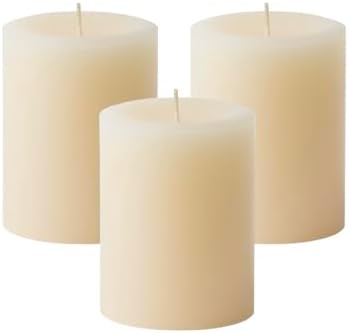 Mister Candle Dripless Unscented Ivory Pillar Candles, Set of 3 Hand Poured Solid Color Non-Scented Candles for Home Decor, Premium Wax, 60 Hr Burn Time - 3x4 Inch, Ivory by MisterCandle