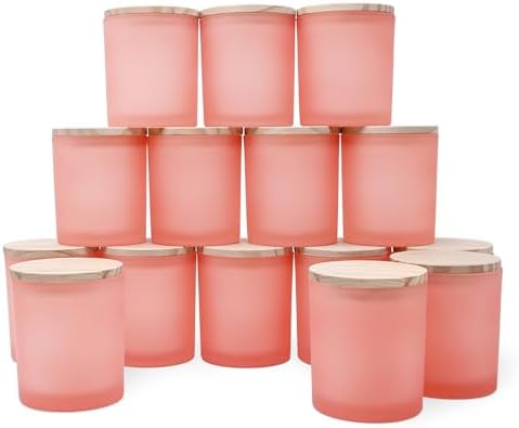 SHOWIN 10 OZ Thick Candle Jars for Making Candles 15 Pcs, Empty Jars with Wood Lids for Candle Making, Sample Container, Frosted Pink by Showin