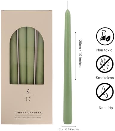 Tapered Dinner Candles, Pack of 6 – Soy & Paraffin Wax Blend, 10-Inch Dripless Taper Candles with 7-Hr. Clean Burn – Smokeless Unscented Tapers for Weddings, Dinner Tables & Home Decor – Sage - Image 2