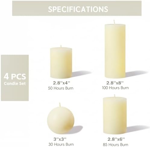 Rustic Ivory Pillar Candles Set - 4 Pcs Assorted Sizes Unscented Pillar Candle, Decorative Pillar Candles for Home Centerpiece Decor, Holiday Dinner Table, Dripless & Smokeless - Image 3
