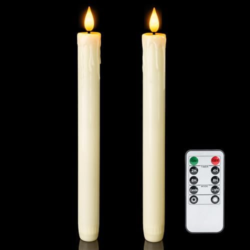 Homemory 2 PCS Flameless Taper Candles with Remote and Timer, 9.6 inch Ivory LED Candle Sticks Battery Operated, Dripless Real Wax Window Candles with 3D Flickering Flame for Fireplace Christmas by Homemory