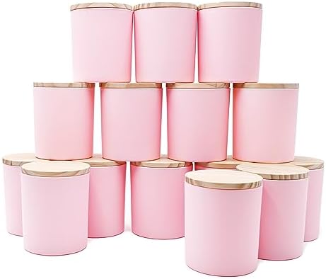 SHOWIN 10 OZ Thick Candle Jars for Making Candles 15 Pcs, Empty Jars with Wood Lids for Candle Making, Sample Container, Matte Pink by Showin