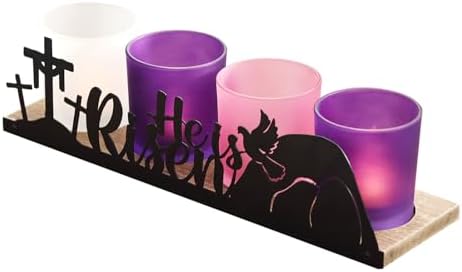 He is Risen Easter Decor, 4 Glass Votive Tealight Candle Holders & 1 Wooden Tray, Easter Religious Decor for Church Event Pray Table Centerpiece, Christian Gift by Unknown