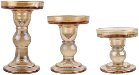 3-Piece Set of Amber Glass Candlestick, Crystal Candlestick Holder Holder and Conical Candle, Christmas Candle Holder Decoration, Family Living Room Wedding Candle Holder (Amber) by BTGLLAS