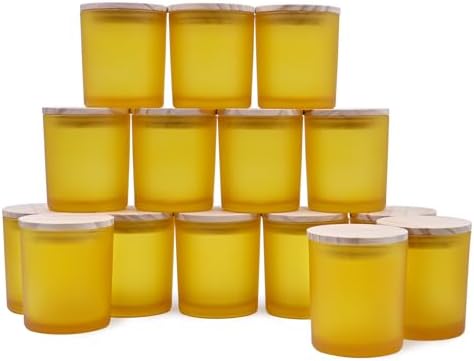 SHOWIN 8 OZ Thick Candle Jars for Making Candles 15 Pcs, Empty Jars with Wood Lids for Candle Making, Sample Container, Frosted Yellow by Showin