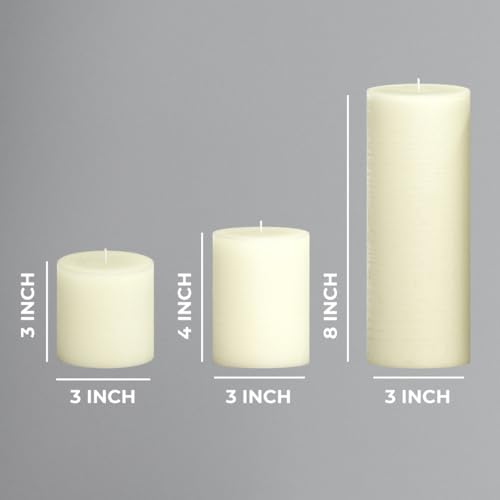 CANDWAX Assorted Pillar Candles Set of 3 – Sizes 3", 4", 8" Unscented Dripless Large Candles, Rustic Style Long Burning for Weddings, Home Decor – Ivory - Image 2
