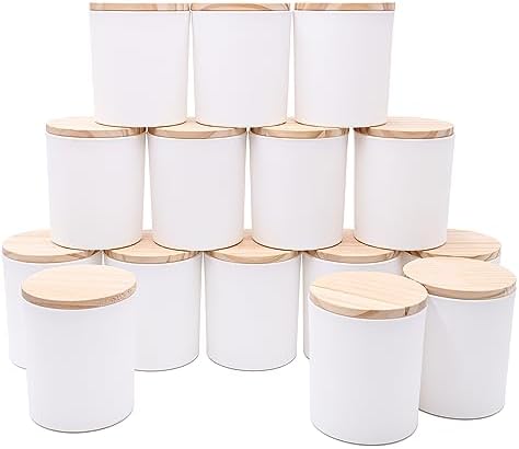 SHOWIN 10 OZ Thick Candle Jars for Making Candles 15 Pcs, Empty Jars with Wood Lids for Candle Making, Sample Container, Matte White by Showin
