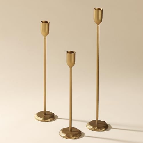 Perfnique Brass Candlestick Holders Set of 3 - Antique Gold Iron Candle Holders for Christmas, Birthday, Wedding, Party, Dining Table, Fireplace Mantel Decor by PERFNIQUE