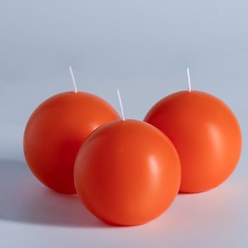 MOZEAL Hand-Poured, 3 Inch Orange Round Ball Candles - Elegant Orange Round Pillar Candles Set of 3, Dripless, Unscented, Smokeless, Ideal for Halloween Decor. by MOZEAL