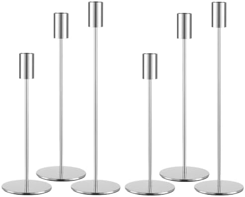 Set of 6 Silver Taper Candle Holders, Metal Silver Candlestick Holders, Tall Candle Holder, Fits 3/4 inch Thick Candle&Led Candles, for Table Centerpiece, Wedding, Dinning, Party Home Decor by AUMAYCO