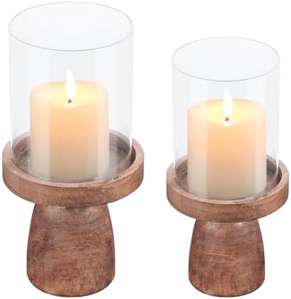 4" & 5" Glass Hurricane Candle Holders with Vintage Natural Solid Wooden Base in Set of 2, Decorative Centerpiece for Home, Coffee Table, Fireplace Mantel, Wedding, Modern Farmhouse Style by Unknown