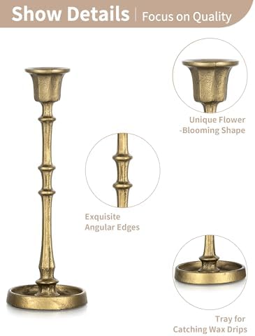 NUPTIO Cast Iron Taper Candle Holders, Set of 3 Antique Brass Candlesticks - Image 3