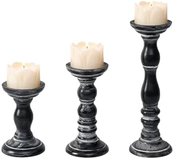 Vintage Pillar Candle Holders Set of 3 - Distressed Black Wood Candlestick Holders for Table Centerpieces, Farmhouse Decor for Fireplace Mantel, Rustic Shabby Chic Candle Pillar Holder for Home by Unknown