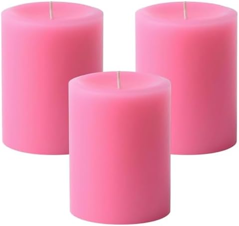 Mister Candle Dripless Unscented Pink Pillar Candles, Set of 3 Hand Poured Solid Color Non-Scented Candles for Home Decor, Premium Wax, 60 Hr Burn Time - 3x4 Inch, Pink by MisterCandle