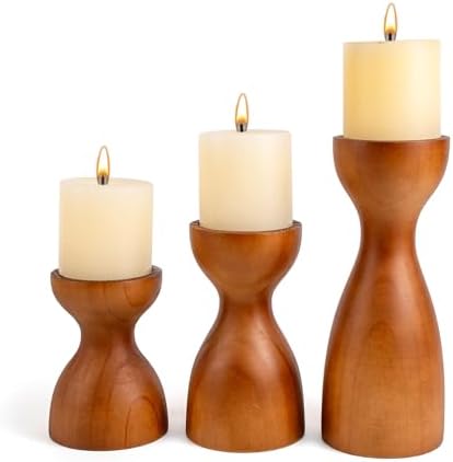Set of 3 Farmhouse Wooden Candle Holders for Pillar Candles , Brown Rustic Wood Pillar Candle Stands Table Centerpiece Decor for Fireplace, Living, and Dining Room by WelcometoOKSQW