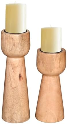 Perilla Home Wooden Pillar Candle Holders Set of 2 - Home Decor Candle Holder Centerpiece - for, Taper Candles, Dining Table Candle Holder Halloween, Home Decor, Candlesticks - Rustic Brown by PerillaHome