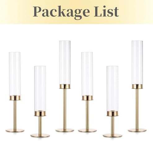 Hewory Gold Candlestick Holders: 6PCS Cylinder Glass Hurricane for Tapers - Image 6