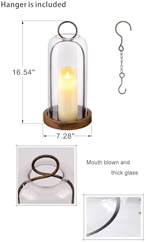 16" High Versatile Rustic Brown Metal Candle Holder with Handmade Sturdy Glass Dome And Shabb Brown Wooden Base for Pillar Candle & Plants, Industrial, Farmhouse, Shabby Chic, Display Cloche Bell Jars - Image 2