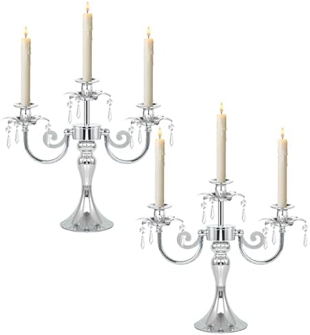 Metal 3 Arm Candelabra with Crystal Pendants - 11.8 Inch Tall Candle Holders, Set of 2 - Elegant Taper Candlestick Stand for Wedding, Dining Table, Christmas Party Home Decoration (2, Silver) by kehail