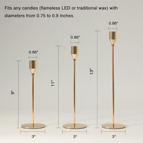 Upgraded Chrome Taper Candle Holders Set of 6, Champagne Gold Long Skinny Candlestick (Heights: 9/11/13 Inch), Heavy Iron Anti-Slip Base for Fireplace Table Centerpiece Christmas Decor - Image 5