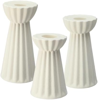 Honeydak Set of 3 Ceramic Taper Candle Holder Cream White, Matte Fluted - Image 3