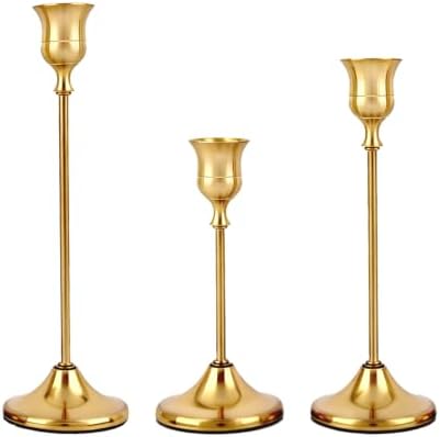 3 Pcs Brass Gold Taper Candle Holders Vintage Table centerpieces by Unknown