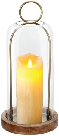 16" High Versatile Vintage Brass Metal Candle Holder with Handmade Sturdy Glass Dome and Natural Wooden Base for Pillar Candle & Plants, Industrial, Farmhouse, Shabby Chic, Display Cloche Bell Jars by Unknown