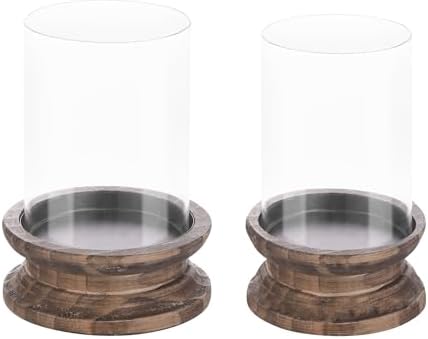 Set of 2 Glass Hurricane Candle Holders for Pillars with Florence Style Solid Wooden Base Crafted from Pine in Vintage Natural, Farmhouse Candlestick Holder, Centerpiece for Home, Table, Mantel by Unknown