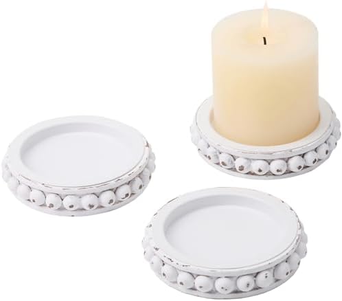 Set of 3 White Wooden Candle Holder Plate Stand for Pillar Candles by THORNIA