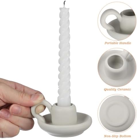 DOITOOL 2 Pcs Ceramic Candle Holders, Taper Candle Holder with Handle, Nordic Style Vintage Candlestick Holder for Valentine's Day Birthday Hoilday Party Decoration Desktop Ornament - Image 5