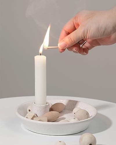 DN DECONATION White Ceramic Candle Holders, Modern Candlestick Holder with Tray, Boho Candle Holder, Unique Round Stoneware Candle Holder for Taper Candles, Halloween Christmas Fall Decor by DNDECONATION