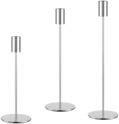 Set of 3 Silver Taper Candle Holders, Metal Gold Candlestick Holders, Tall Candle Holder, Fits 3/4 inch Thick Candle&Led Candles, for Table Centerpiece, Wedding, Dinning, Party Home Decor by AUMAYCO