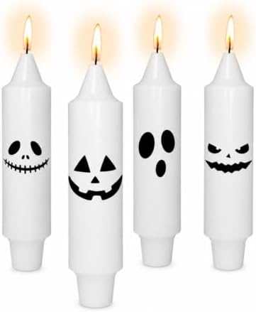 Halloween Taper Candles 5in, 4 Pack White Candles with Spooky Ghost Faces by Gedengni