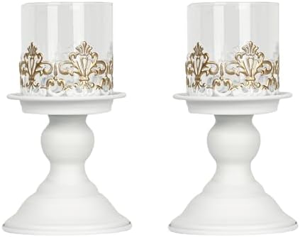 2 PCS Hurricane Candle Holder with Glass Sleeve, Gothic Metal Vintage Candle Holders, Large Table Centerpieces Candle Stand for Weddings and Events, White, L+L by LumiLoom