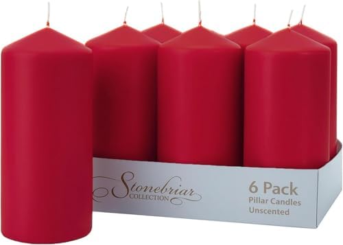Stonebriar Unscented Pillar Candles – 80 Hour Burn Time, Long-Lasting Wax Candles for Weddings, Holidays, Home Décor & Special Events, Pack of 6, Red, 3" x 8" by StonebriarCollection