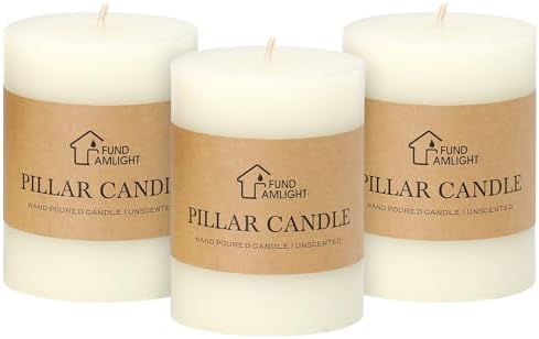 3x4 Inch White Pillar Candles Set of 3, Hand-Poured Unscented Pillar Candle by FUNDAMLIGHT