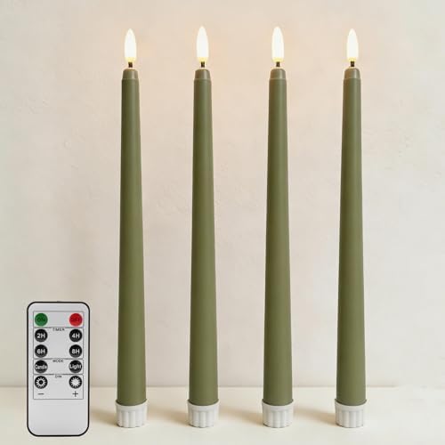 Olive Green Flameless Taper Candles with Remote Timer Set of 4 by Ni-JASW
