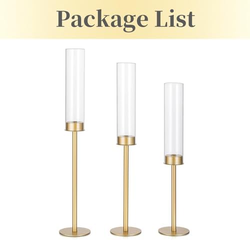 Hewory Gold Candlestick Holders: 3PCS Glass Hurricane with Tall Brass Base - Image 5