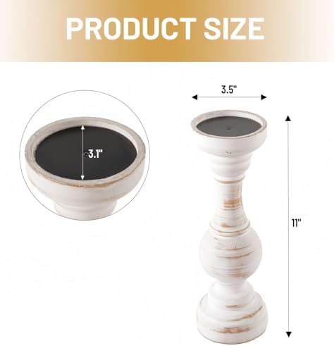 CedarLux Rustic Pillar Candle Holder, 11 Inch White Wooden Candlestick Holders, Farmhouse Candle Stands for Pillar Candle, Decorative Wood Candlestick Holders for Living Room, Table Centerpiece - Image 3