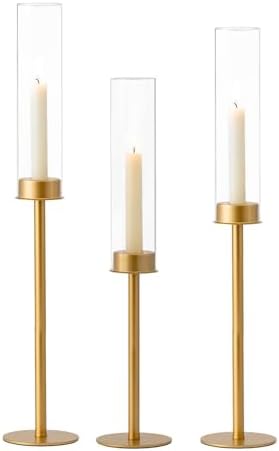 Hewory Gold Candlestick Holders: 3PCS Glass Hurricane with Tall Brass Base by Hewory