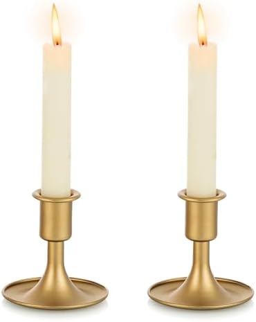 Gold Taper Candle Holder Set of 2, Hewory Short Skinny Brass Candlestick Holders, Vintage Small Low Metal Candles Sticks for Wedding Centerpieces Christmas Birthday Party Holiday Dinning Table Decor by Hewory