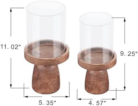 4" & 5" Glass Hurricane Candle Holders with Vintage Natural Solid Wooden Base in Set of 2, Decorative Centerpiece for Home, Coffee Table, Fireplace Mantel, Wedding, Modern Farmhouse Style - Image 2