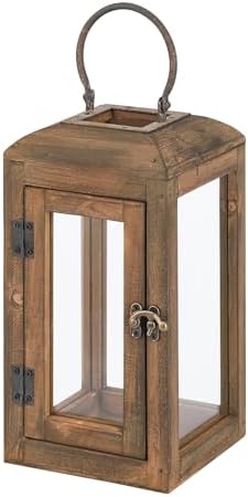 11" High Wooden Lantern Made of Solid Firwood in Handpainted Mediterranean Brown with Metal Handle,Hurricane Lantern, Farmhouse Lantern for Party, Deck, Front Porch (1, Brown, Small) by Unknown