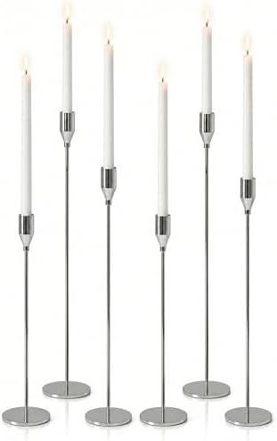 Upgraded Chrome Taper Candle Holders Set of 6, Luxury Silver Long Skinny Candlestick (Heights: 9/11/13 Inch), Heavy Iron Anti-Slip Base for Fireplace Mantle Table Centerpiece Dining Decor by Unknown