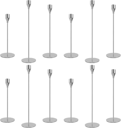 Silver Candlestick Holders Set of 12, Metal Taper Silver Candle Holders, Tall Candle Holder, Fits 2.2cm Thick Candle&Led Candles, for Table Centerpiece, Mantels, Weddings, Dining, Party by AUMAYCO